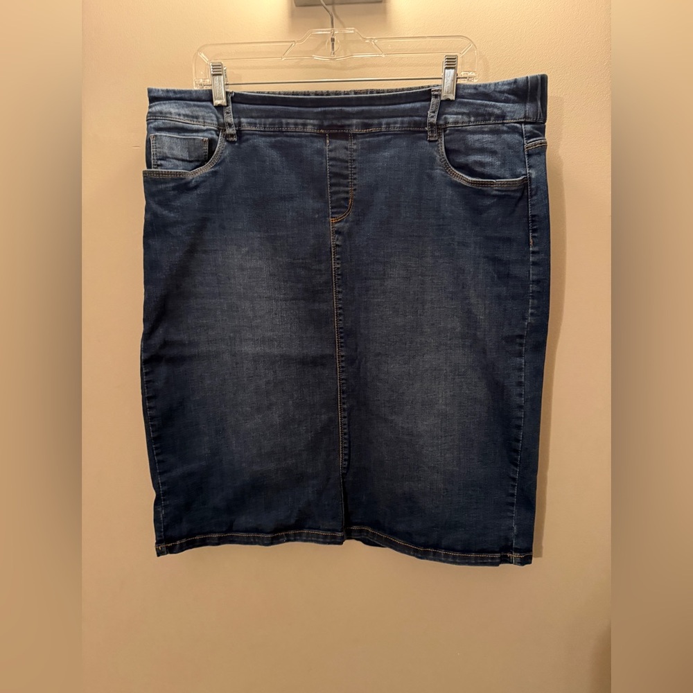 Esteez Dark Wash Denim Pencil Skirt | Modest Stretch Jean Skirt Size 14